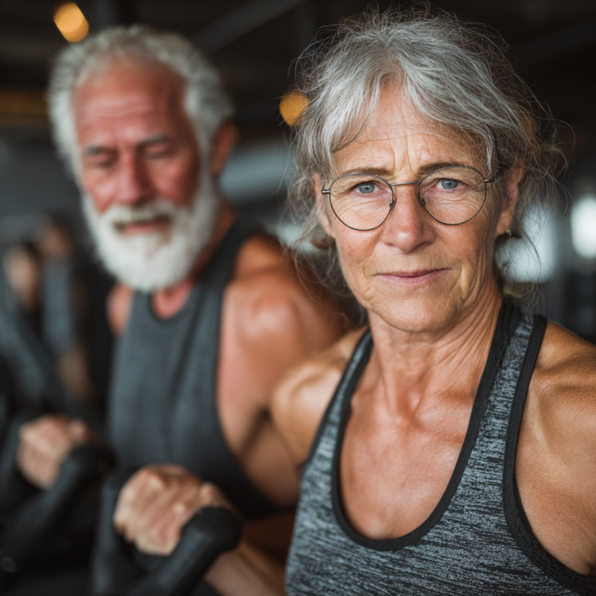 Група літніх людей займається йогою